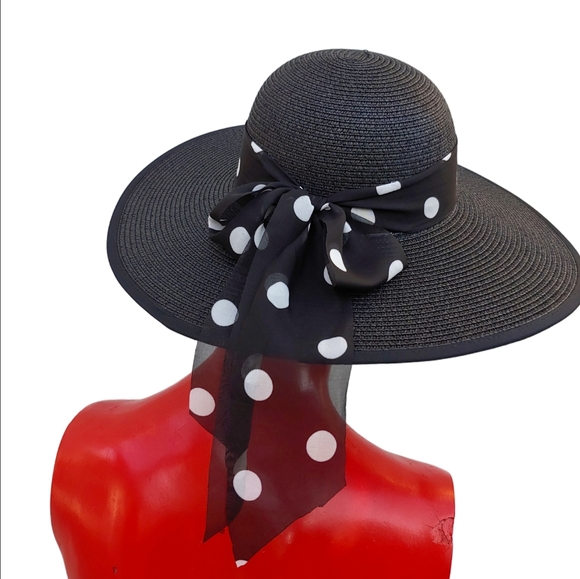 Elegant Black Wide-Brim Grass Hat with Polka Dot Ribbon NWT - Picture 1 of 16